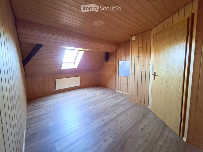 Empty attic room with wooden walls, floor, and ceiling, featuring a skylight window and a closed door.