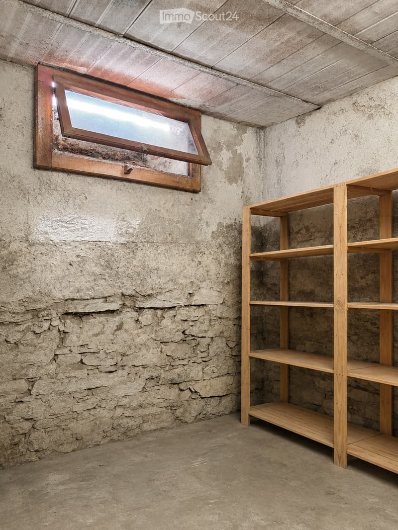 Empty room with exposed concrete walls, wooden shelving unit, and a single window with wooden frame.