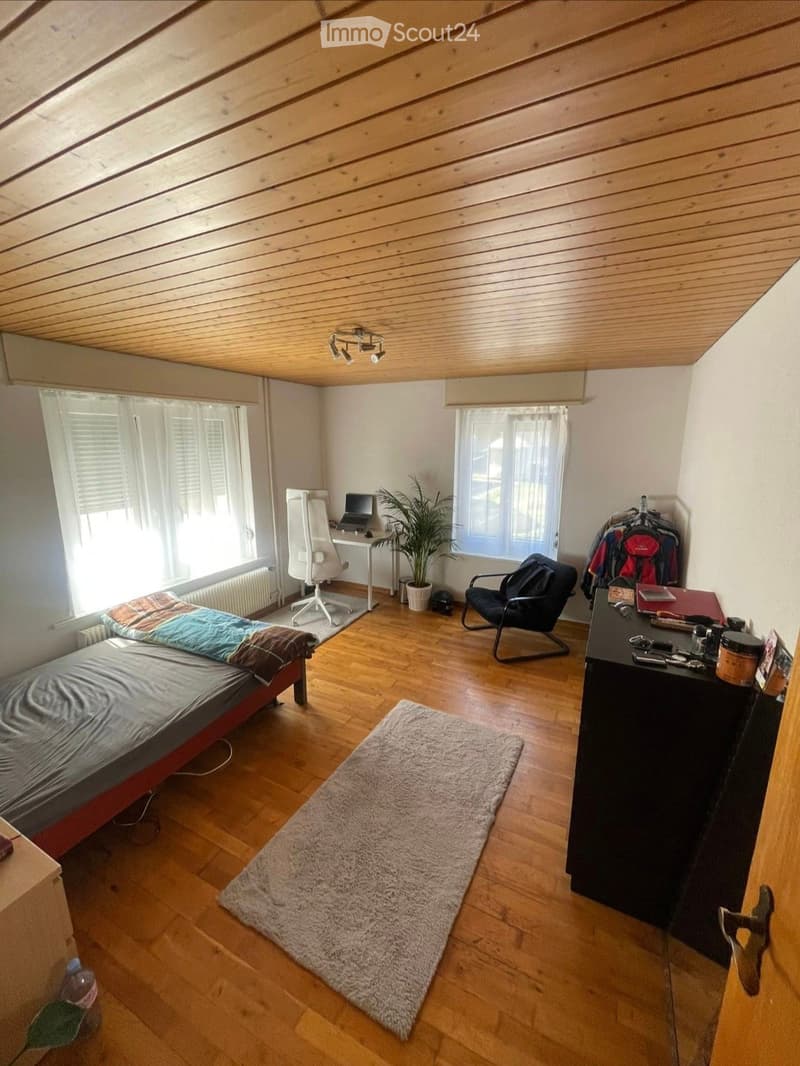 Cozy attic bedroom with wooden slatted ceiling, hardwood floor, large windows, a sofa bed, desk, chair, plant, and wardrobe.