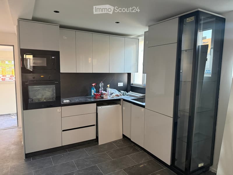 Modern kitchen with white cabinets, stainless steel appliances, and a dark countertop. Cleaning supplies are placed on the counter.
