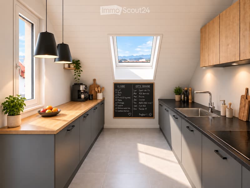 Modern kitchen with wooden countertops, grey cabinets, and stainless steel appliances. Features include a coffee maker, induction cooktop, sink, and decorative potted plants.