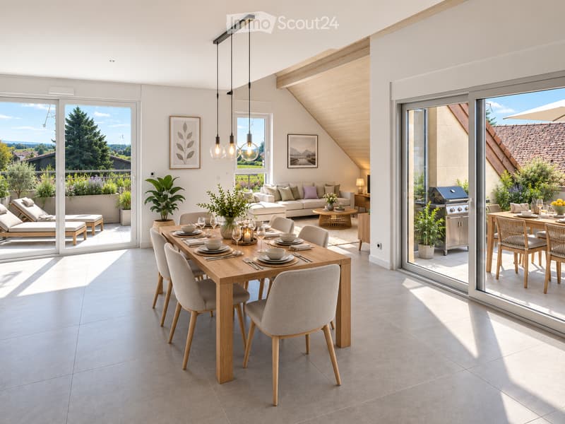 Bright, modern dining and living area with a wooden dining table, six chairs, a white sofa, pendant lights, framed artwork, and a view of a well-maintained garden through large windows and sliding doors.