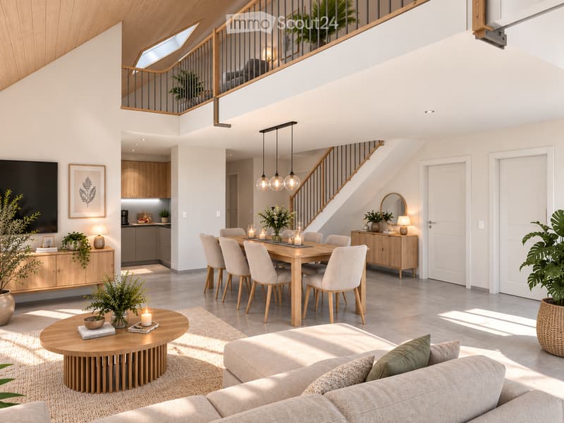 Open-plan living and dining area with a modern aesthetic. Features a light-colored sofa, wooden coffee table, dining table with six chairs, pendant lights, sideboard, and a staircase leading to an upper level.