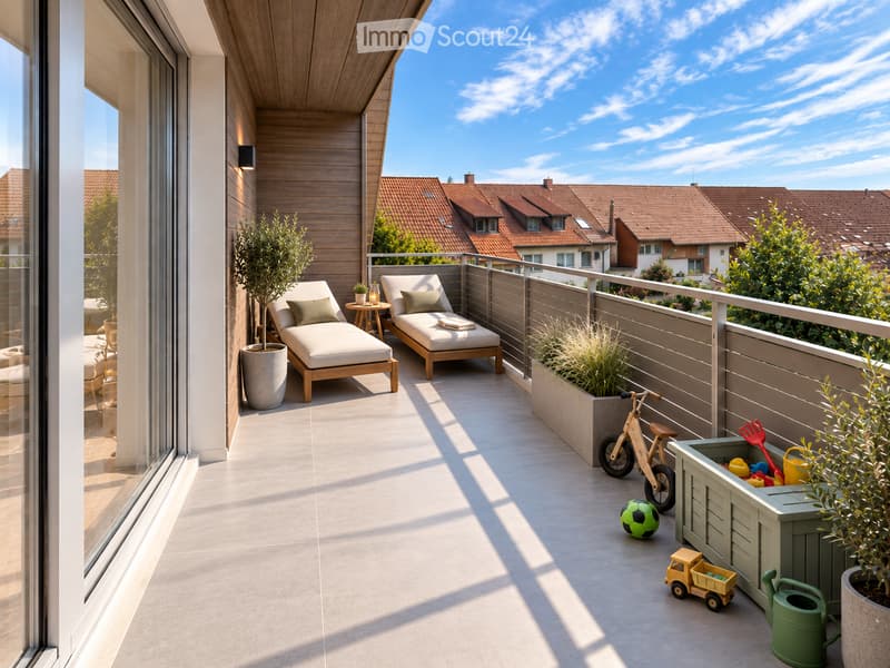 Modern balcony with wooden decking, lounge chairs, small table, potted plants, children's toys, and a view of neighboring houses.