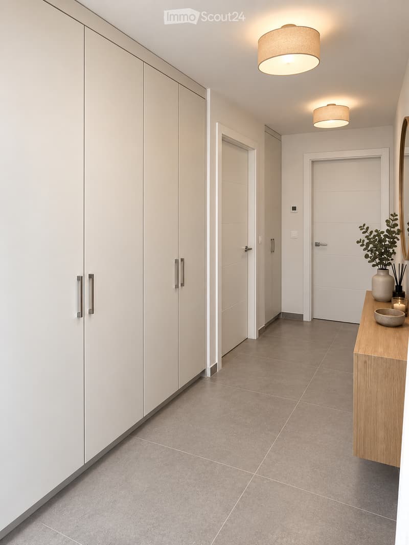 Modern hallway with light-colored walls, grey tiled floor, built-in white cabinets, and recessed lighting. Features a small wooden console table with a vase and decorative items on the right side.