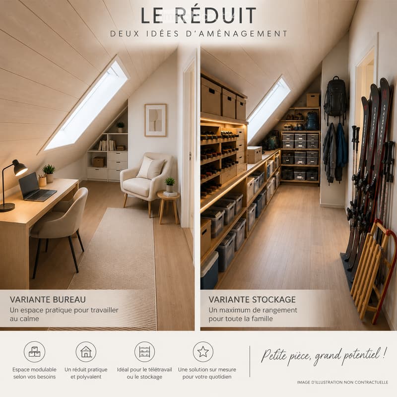 Two attic rooms: left side shows a modern workspace with a desk, laptop, chair, and small table; right side displays storage area with shelves, storage boxes, and skis.
