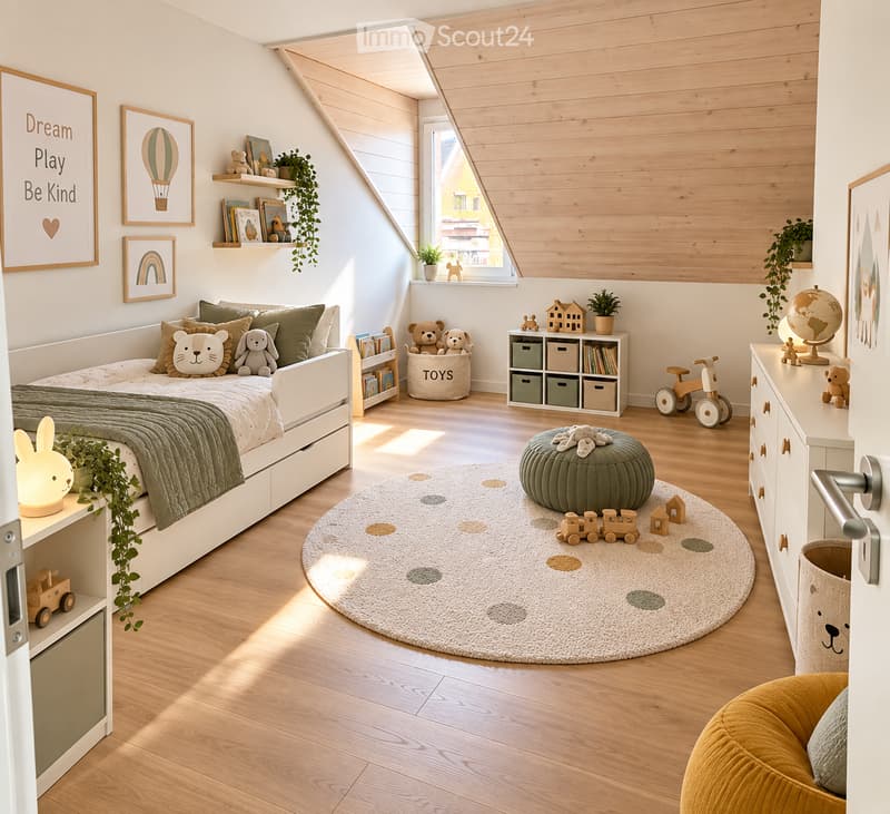 Cozy children's bedroom with a white bed, green bedding, nightstand with lamp, shelves with books and toys, a round rug with toys, and a yellow pouf chair.