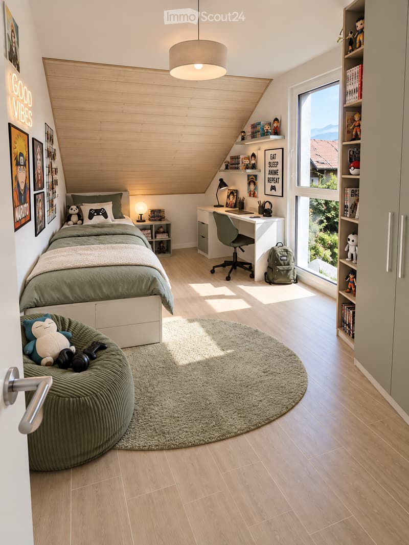 Modern, well-lit bedroom with a slanted wooden ceiling, large window, and a cozy bed with green bedding. Includes a desk with a chair, bookshelf, and decorative items.