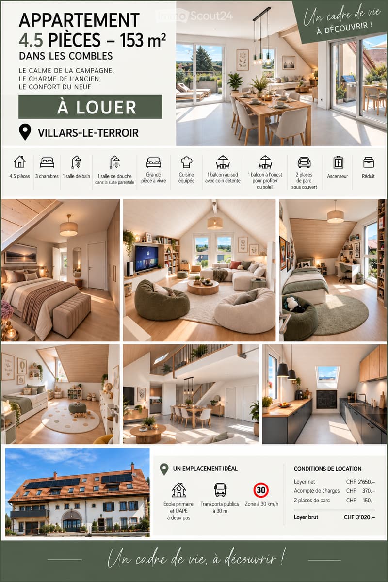 Promotional advertisement for a 4.5-room apartment in the attics, featuring modern and rustic design elements, multiple rooms including living spaces, bedrooms, and balconies, with a view of the countryside.