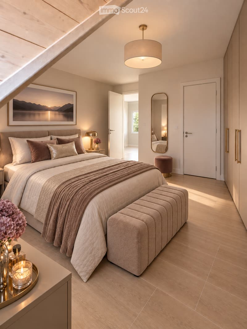 Modern bedroom with a large bed, nightstand, lamp, and decorative items. Features wooden flooring, a large mirror, and a view of an adjacent room.