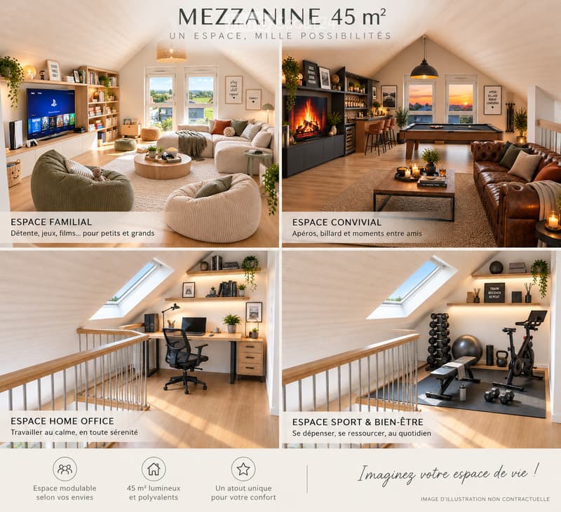Four distinct spaces: a family area with a sofa, coffee table, and bean bag chairs; a social area with a fireplace, pool table, and leather sofa; a home office with a desk, laptop, and chair; and a fitness area with an exercise bike, bench, and weights.