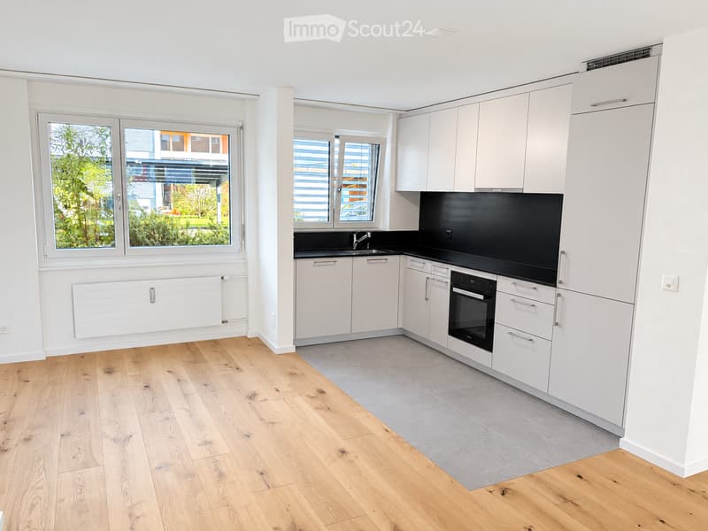 Modern kitchen with white cabinets, black countertops, wooden flooring, and large windows offering a view of greenery.