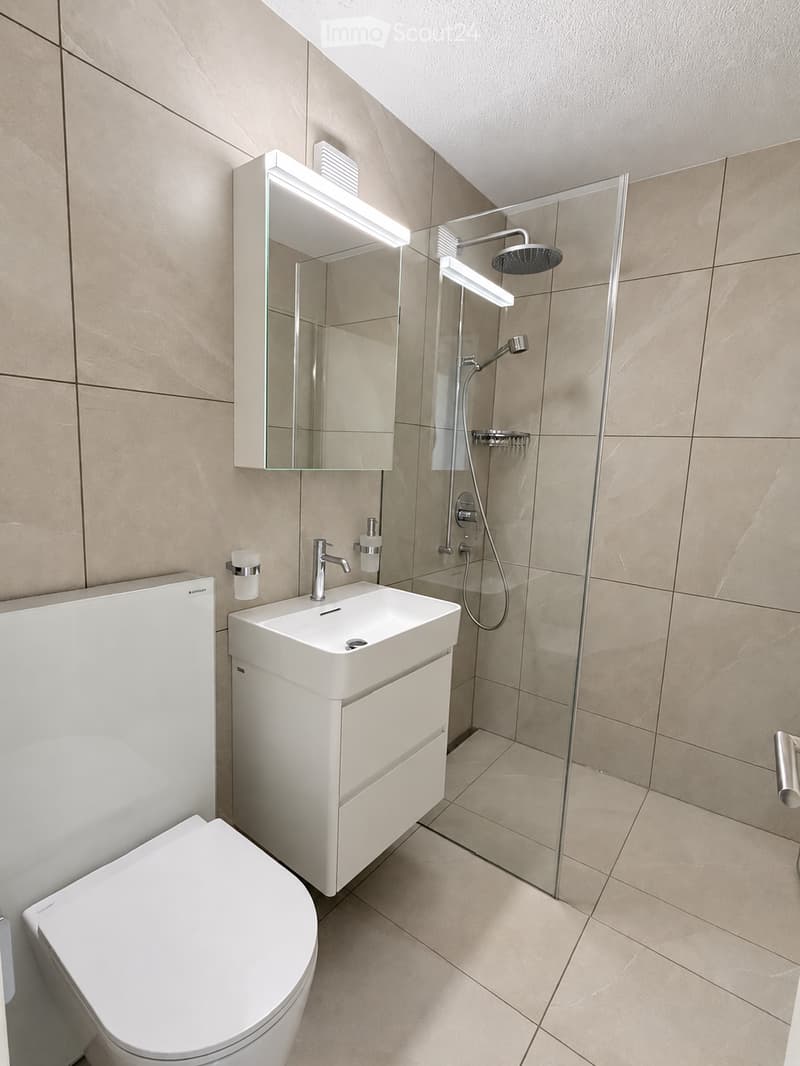 Modern bathroom with beige tiles, white toilet, sink with cabinet, mirror with built-in lighting, and a glass-enclosed shower with a handheld showerhead.