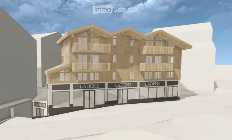 A multi-story wooden building with balconies and storefronts labeled LADEN1, LADEN2, LADEN3, and LADEN4.