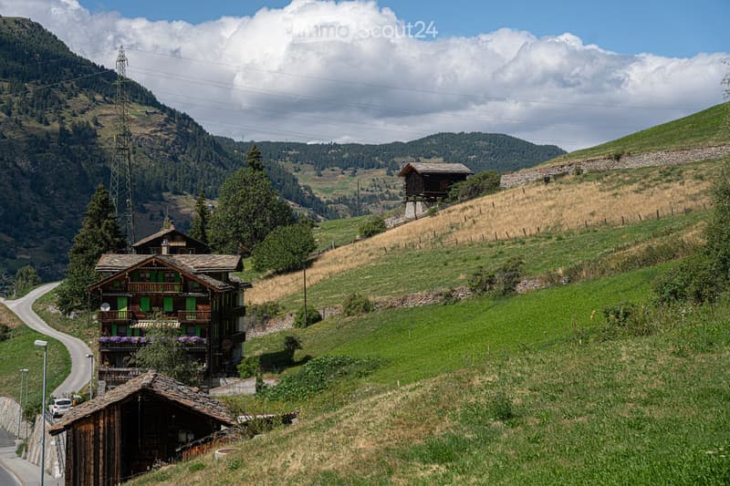 wooden house, green shutters, on a hillside, surrounded by trees and grass