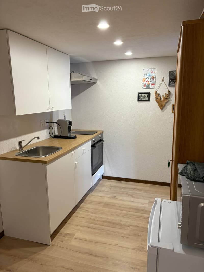 small kitchen with white cabinets, wooden countertop, sink, stove, oven, toaster, microwave, refrigerator