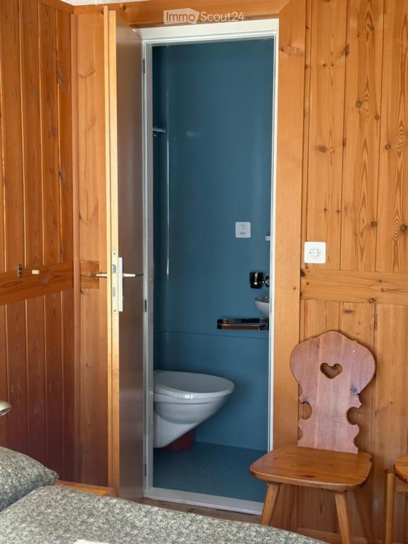 A small, compact bathroom with wooden panel walls and a blue interior. Features a toilet, a sink with a mirror, and a wooden chair nearby.