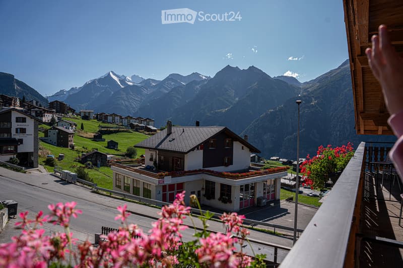 House with a garden, located in a mountainous area, surrounded by other houses, with a road in front