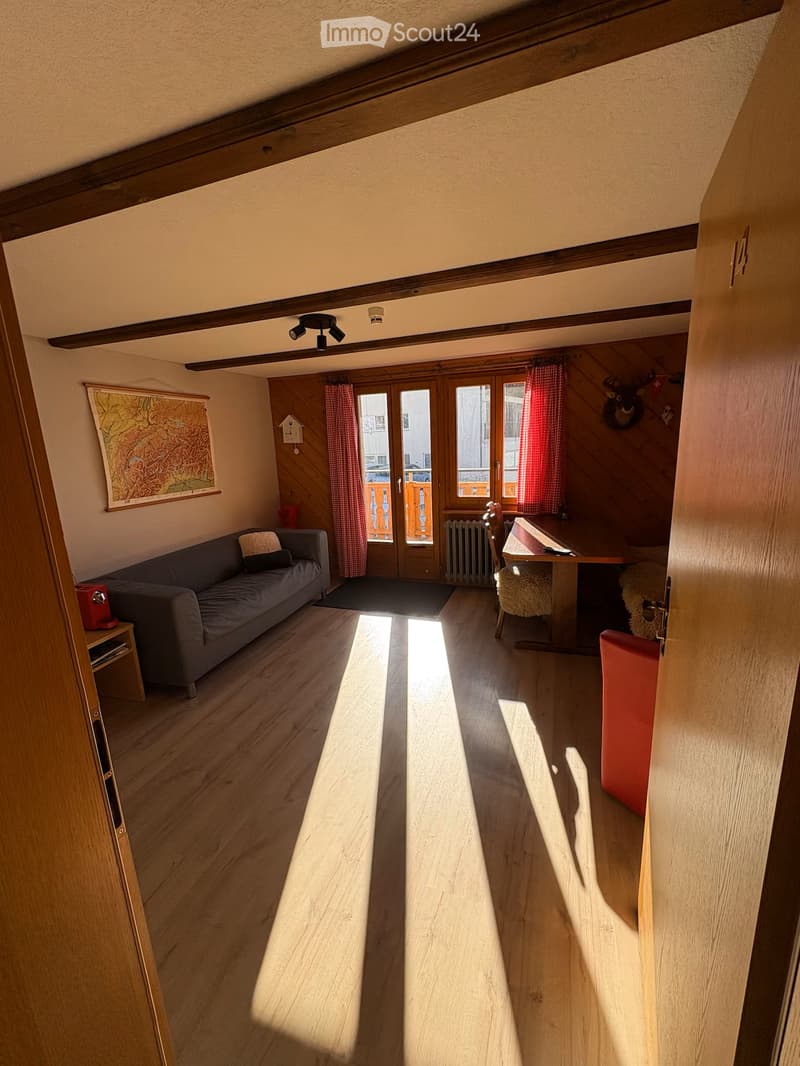 living room with wooden floor, couch, wooden table, radiator, wooden door, wooden ceiling, window with balcony