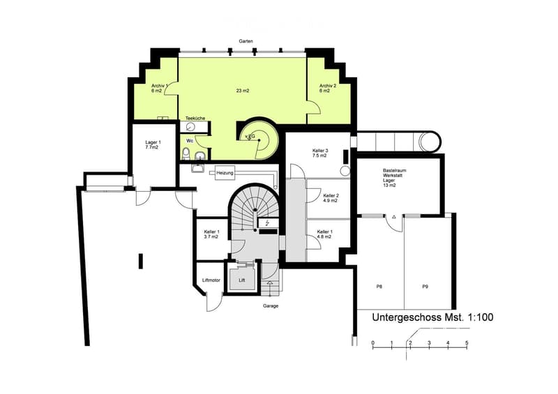 Living room, kitchen, 2 bedrooms, 2 bathrooms, basement, storage, garage, workshop, fireplace, garden