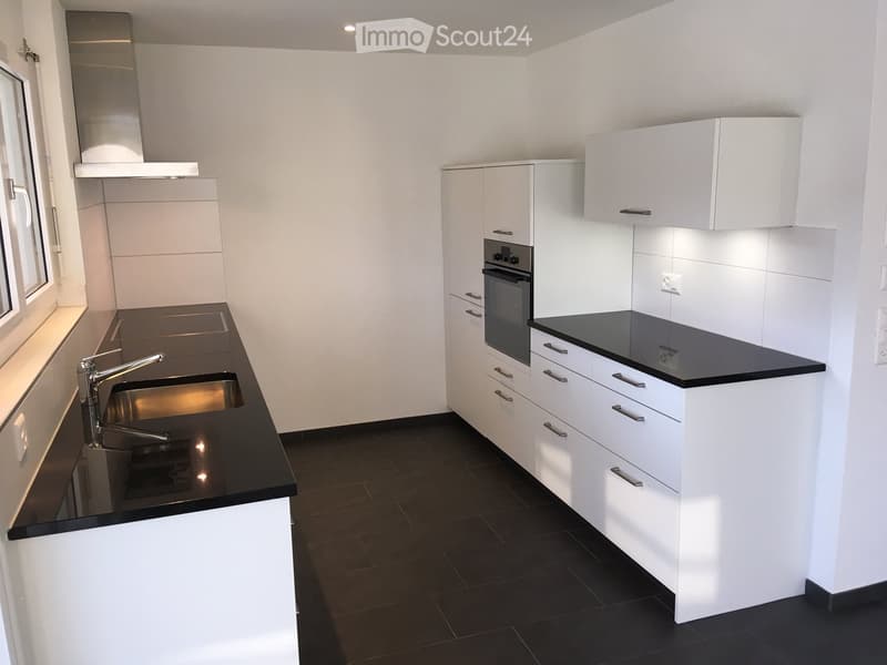 Modern kitchen with white cabinets, black countertops, stainless steel sink, and built-in oven.