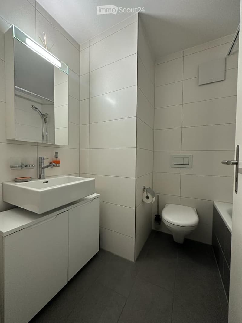 Modern bathroom with white tiles, a white sink, a mirror, a toilet, and a dark grey floor.