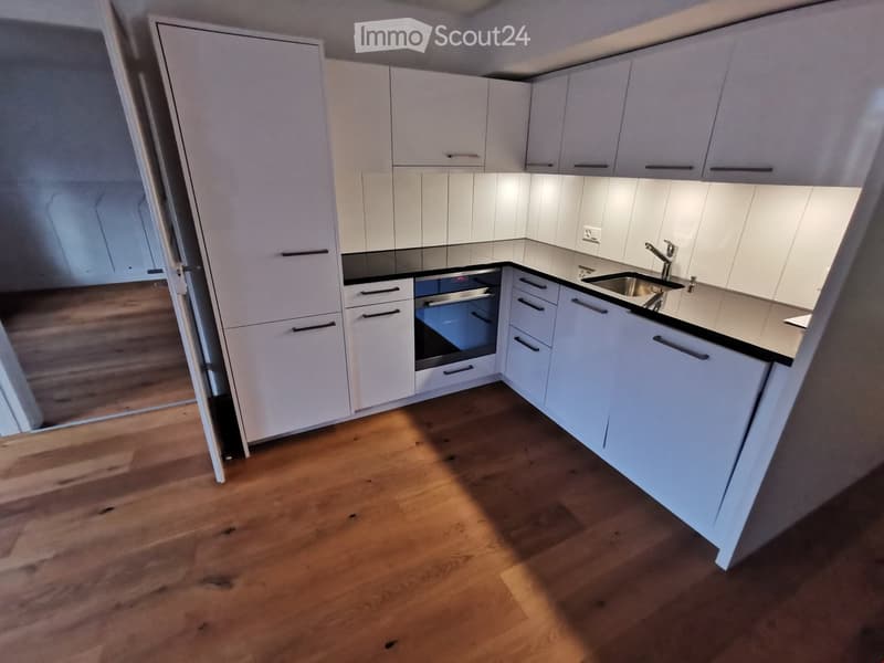 modern kitchen with white cabinets, black countertops, built-in oven, sink, faucet, wooden floor
