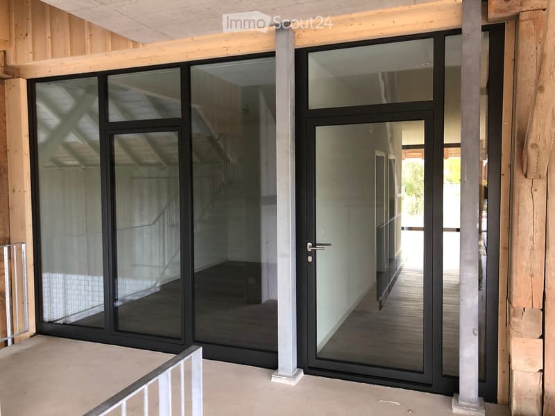 Modern hallway with large glass doors and wooden ceiling beams, leading to an open space with wooden flooring.