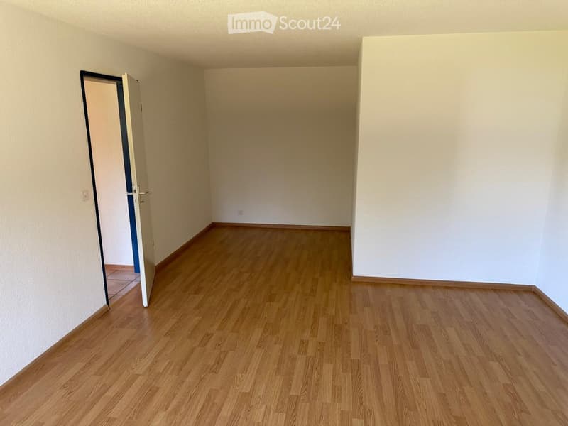 Empty room with light wooden flooring and white walls, featuring a partially open door leading to another room.