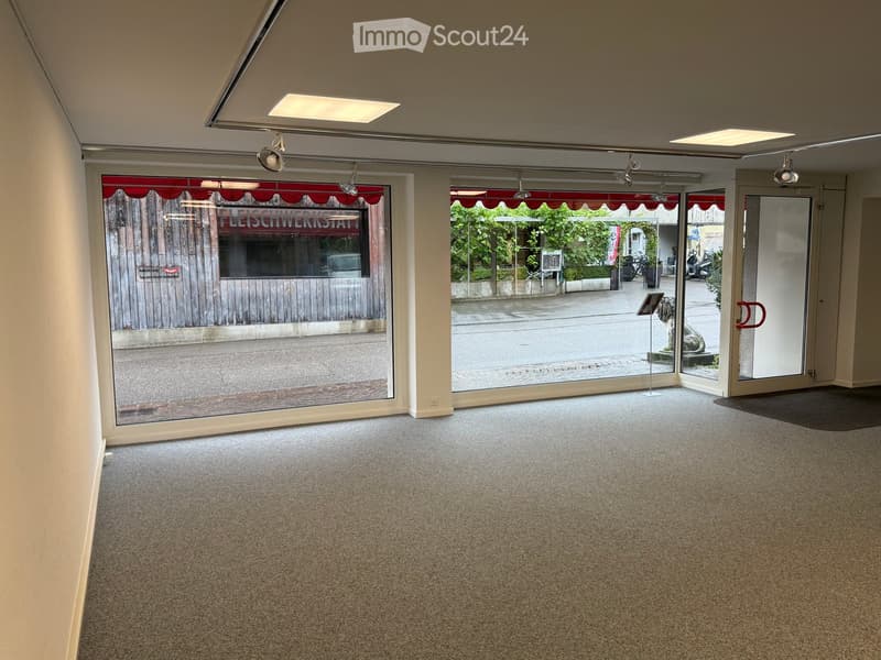 Empty room, large windows, carpeted floor, lights on ceiling