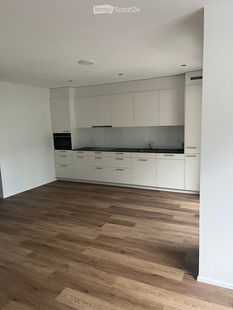 Empty kitchen with white cabinets, black countertops, and wooden flooring. No appliances or furniture are present.