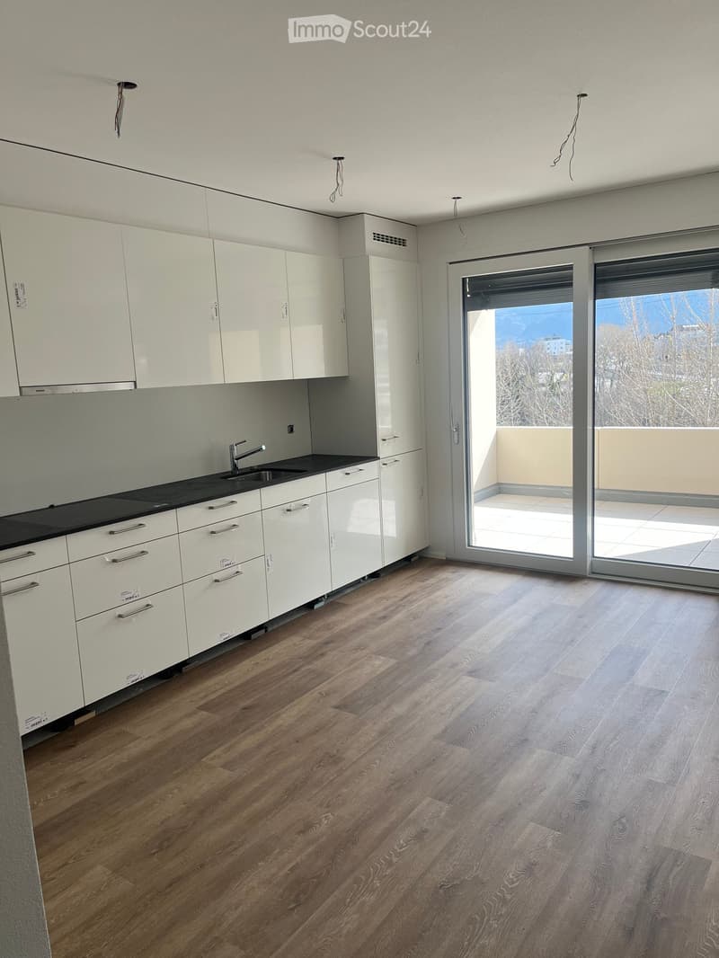 Modern kitchen with white cabinets, dark countertops, and wooden flooring, featuring a large sliding glass door leading to a balcony.