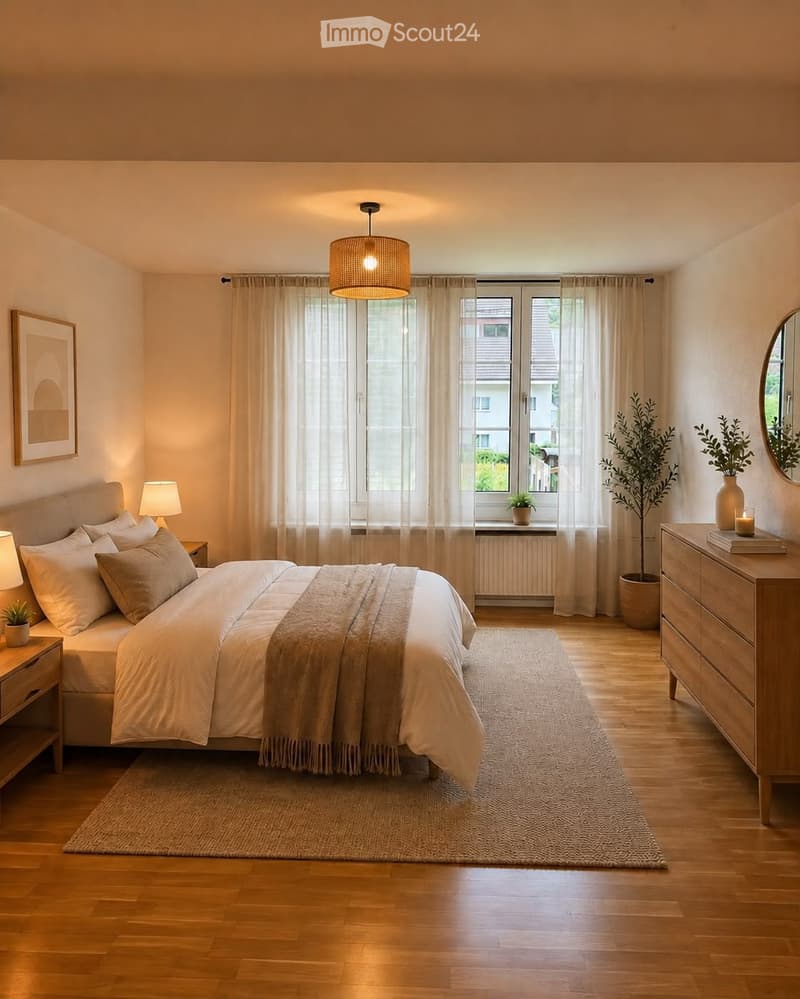 Cozy bedroom with a large bed, nightstand, dresser, and potted plants. Features wooden flooring, large windows with sheer curtains, and warm lighting.