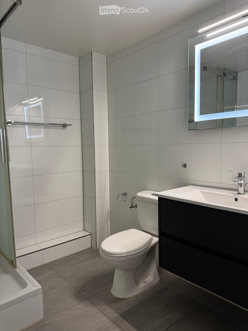 Modern bathroom with white tiles, a toilet, a sink with a mirror, and a bathtub.