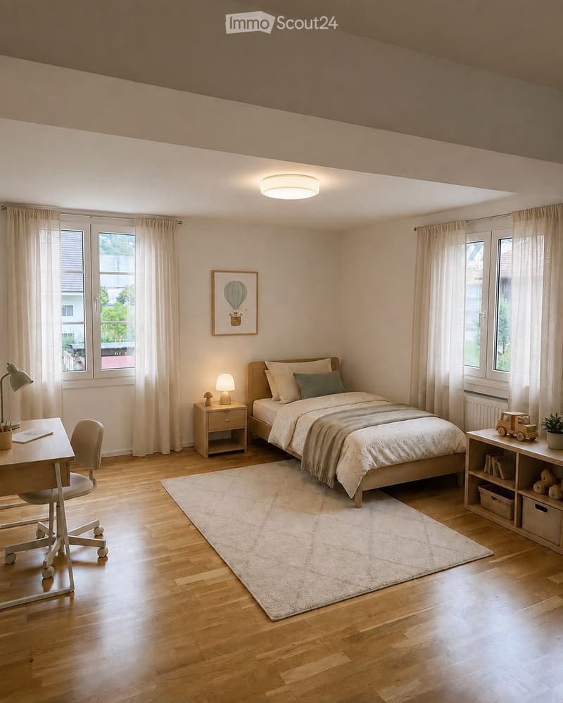 Bright, modern bedroom with wooden flooring, large windows, a neatly made bed, a desk with a chair, a nightstand with a lamp, a shelf with books and toys, and a small plant on a side table.