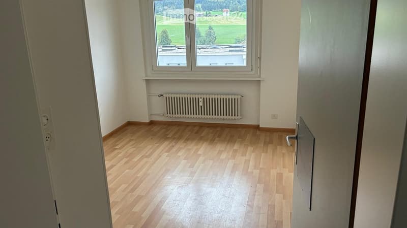Empty room with wooden flooring, white walls, a window with a scenic view, and a radiator below the window.