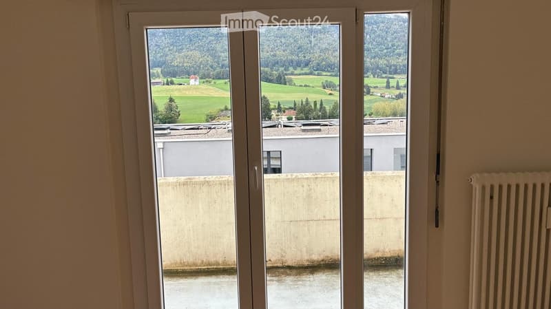 Balcony with large windows overlooking a green landscape and distant hills, with a concrete railing and a radiator visible inside the room.