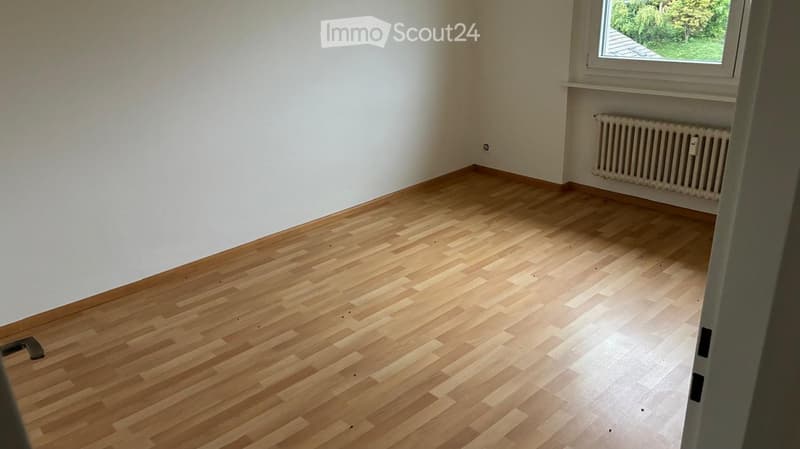 Empty room with light wooden flooring and white walls, featuring a window with a view of greenery and a radiator below it.