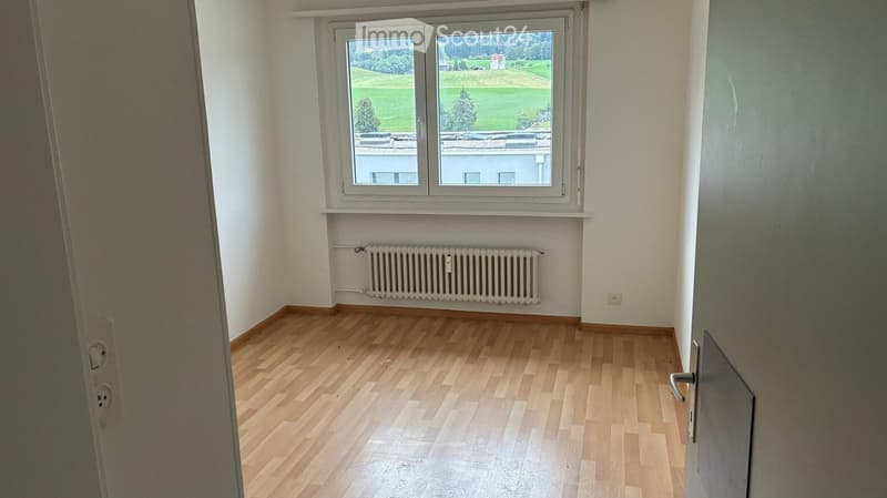 Empty room with wooden flooring, white walls, a window with a scenic view, and a radiator below the window.