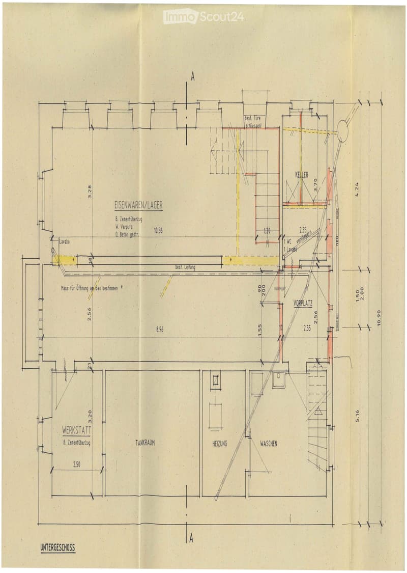 Floor plan of a basement level showing labeled areas including Eisenwaren/Lager, Werkstatt, Tankraum, Heizung, Waschen, and Keller.
