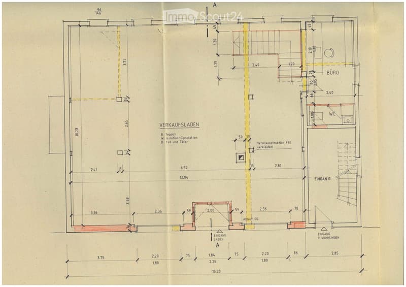Architectural floor plan showing a commercial and residential layout with labeled rooms, dimensions, and construction details.