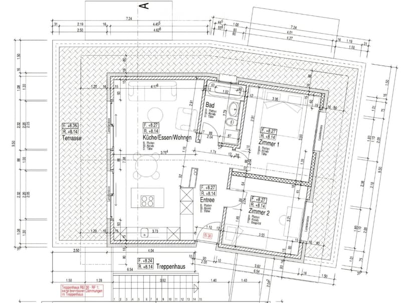 Floor plan of a residential unit showing a kitchen/dining/living area, two bedrooms, a bathroom, an entrance, and a terrace.