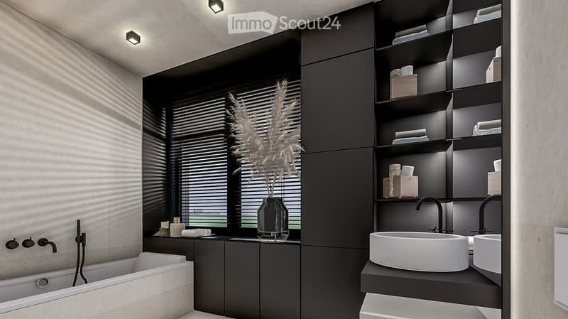 Modern bathroom with black and white color scheme, built-in shelving, vessel sink, and black faucet