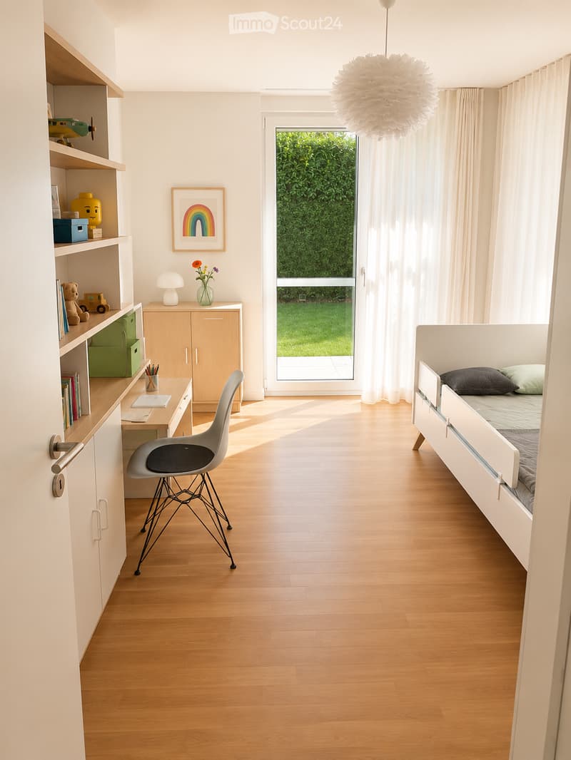 Bright, modern bedroom with wooden flooring, white bed, grey chair, desk with shelves, and a large window with sheer curtains overlooking a green garden.
