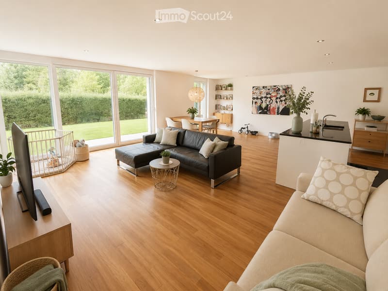 Open-plan living and dining area with wooden flooring, large windows, a black leather sofa, a beige sofa, a coffee table, a dining table with chairs, a kitchen counter, and various decorative items.