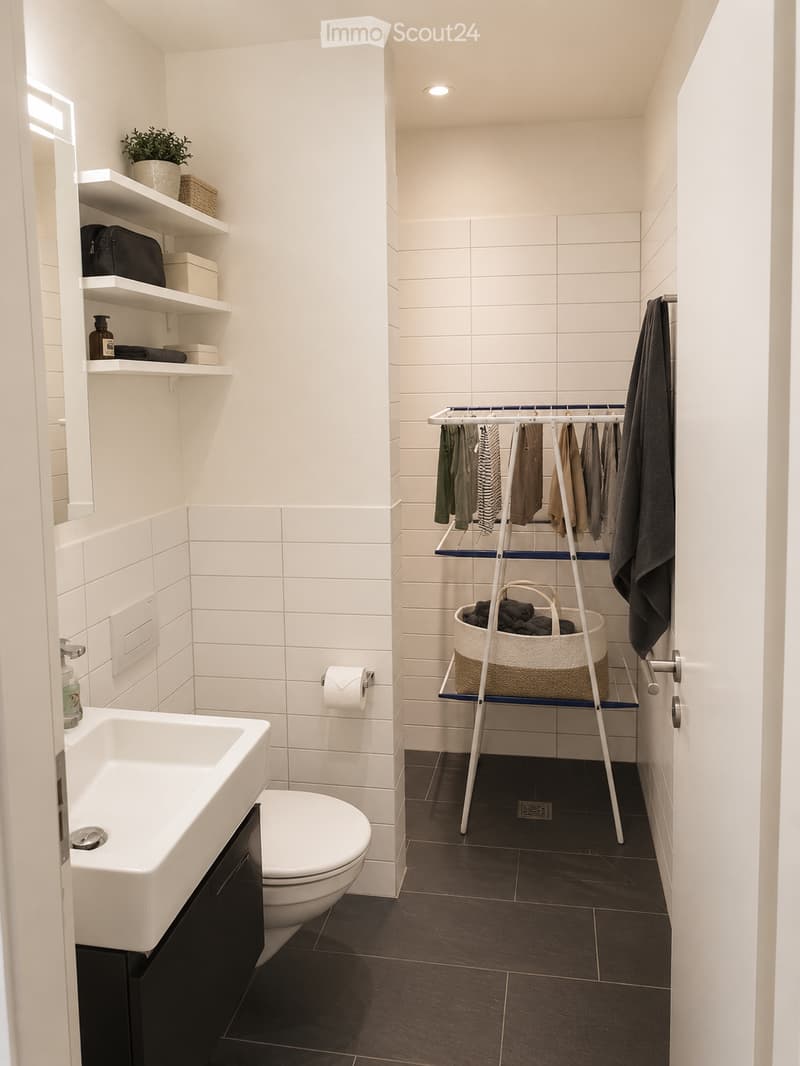 Modern bathroom with white tiles, dark floor, sink, toilet, shelves with toiletries, towel rack, and a small plant on the shelf.