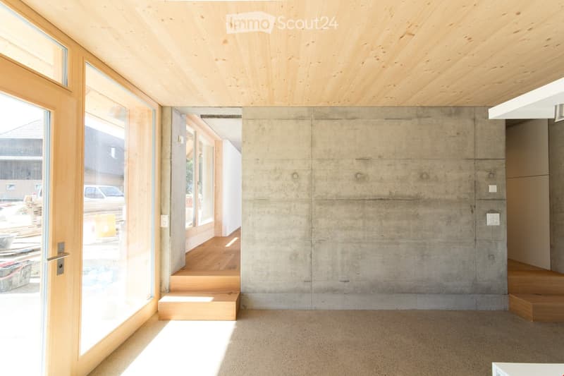 Modern hallway with exposed wooden ceiling, concrete walls, large glass doors leading to another room, and wooden steps.