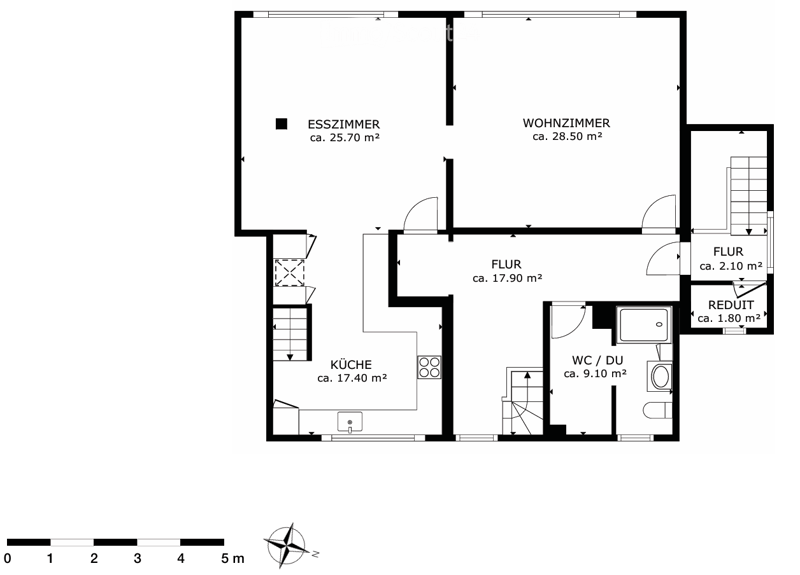 Floor plan showing a living room, dining room, kitchen, hallway, bathroom, and a small storage area.