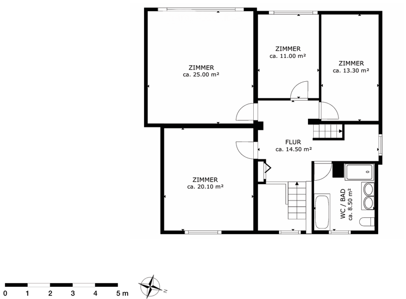 Floor plan showing four rooms, a hallway, and a bathroom/WC area. Room sizes are labeled in square meters.