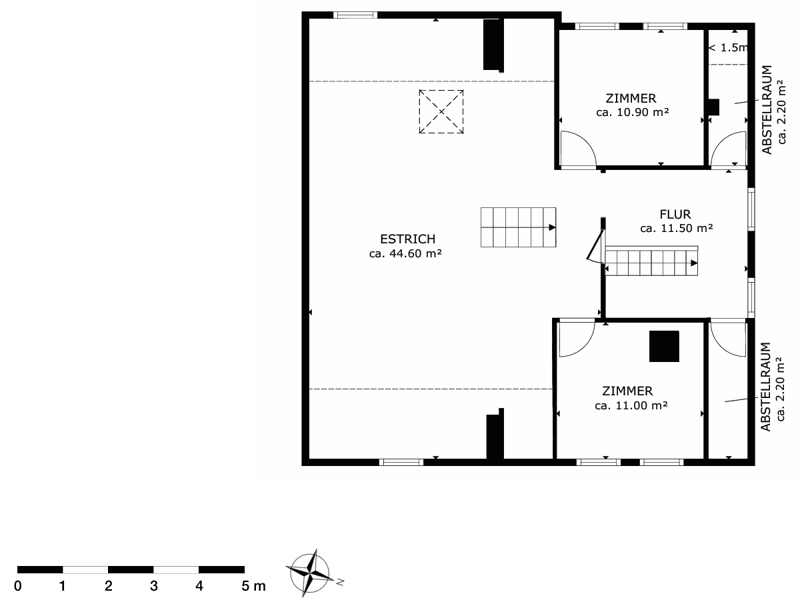 Floor plan of a residential space with three rooms and a hallway. The largest room is labeled "ESTRICH" at approximately 44.60 m², and there are two smaller rooms labeled "ZIMMER" at approximately 10.90 m² and 11.00 m², along with a hallway labeled "FLUR"